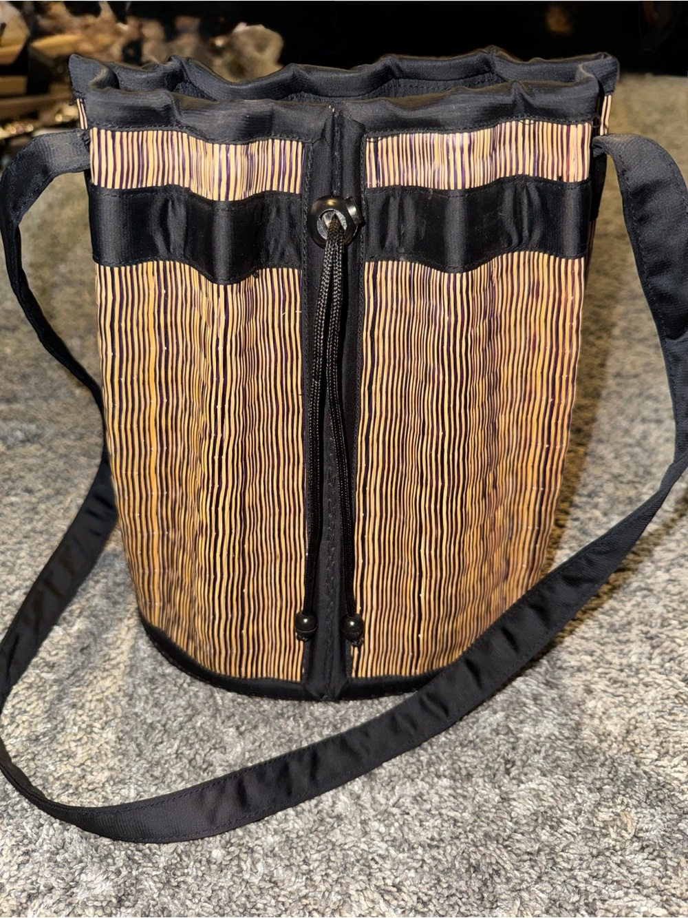 Straw Bucket drawstring Shoulder Bag with Black Trim
